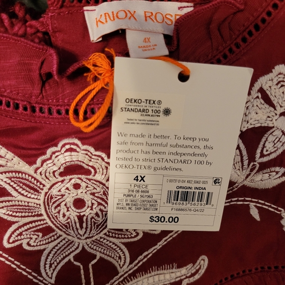 Knox Rose flutter sleeves Embroidered top. Wine in color, Sz 4x, NWT. - Picture 6 of 7